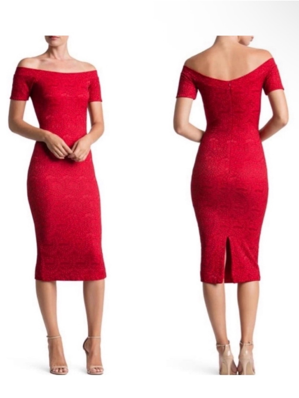 Dress The Population Jemma Red Lace Off The Shoulder Bodycon Midi Dress Small